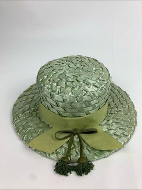 Vintage Straw Sun top Hat with Ribbon and Tassel Light Green Derby style